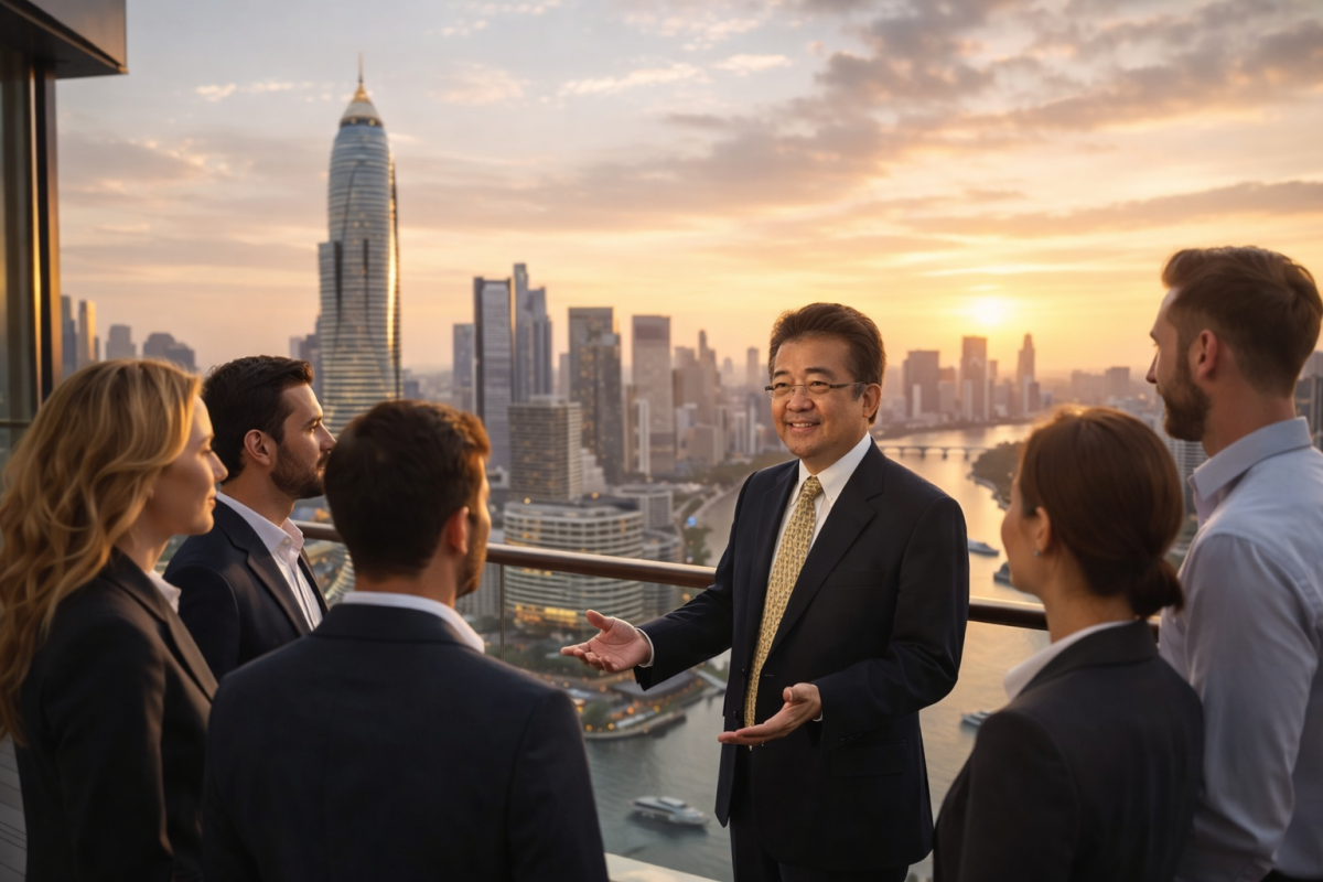 David Ng Bangkok luxury property agent presenting luxury real estate investment opportunities in Bangkok to international investors overlooking the Bangkok skyline.